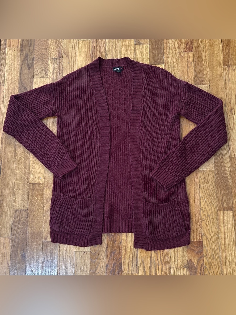 Women's LOVE Burgundy Chunky Ribbed Knit Open Front Cardigan Sweater Size Large